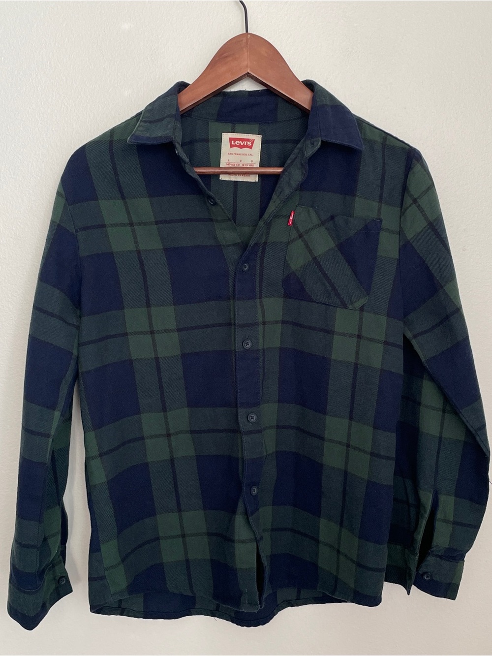Levi's Flannel Shirt Boys Large Blue Green Plaid Button Up Outdoors Western Camp